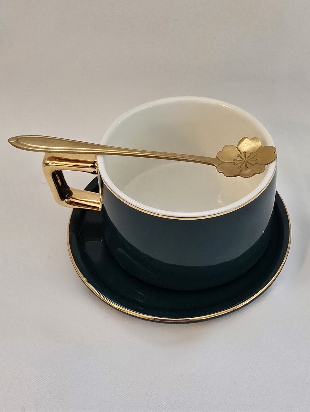 Jusalpha Ceramic Teacup Saucer Set Gold Rim Accent Elegant Coffee Cup -Art Deco